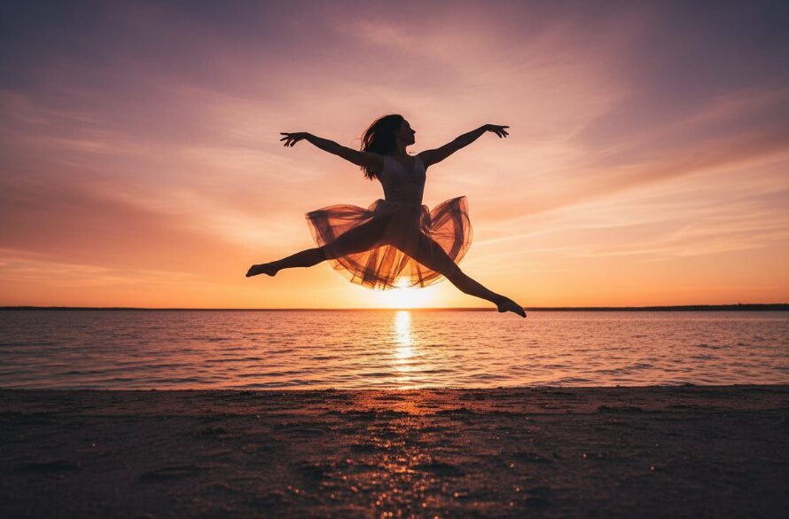 A breathtaking East Geelong dynamic dance photography capture of a contemporary dancer mid-air against a soft, sunlit urban backdrop, showcasing power and grace with dramatic lighting and professional colour grading.