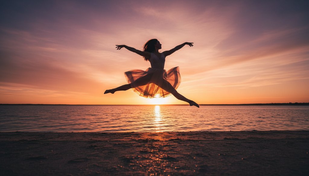 A breathtaking East Geelong dynamic dance photography capture of a contemporary dancer mid-air against a soft, sunlit urban backdrop, showcasing power and grace with dramatic lighting and professional colour grading.