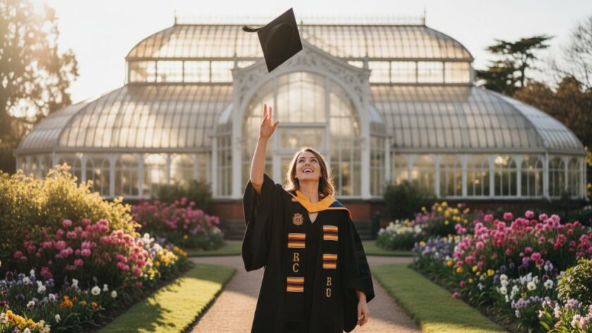 An emotional and celebratory 'epic moment' photograph capturing a graduate in their cap and gown, framed by the iconic East Geelong Botanical Gardens, with golden hour light silhouetting them against a vibrant sky, celebrating their East Geelong graduation photography capturing joyous moments.