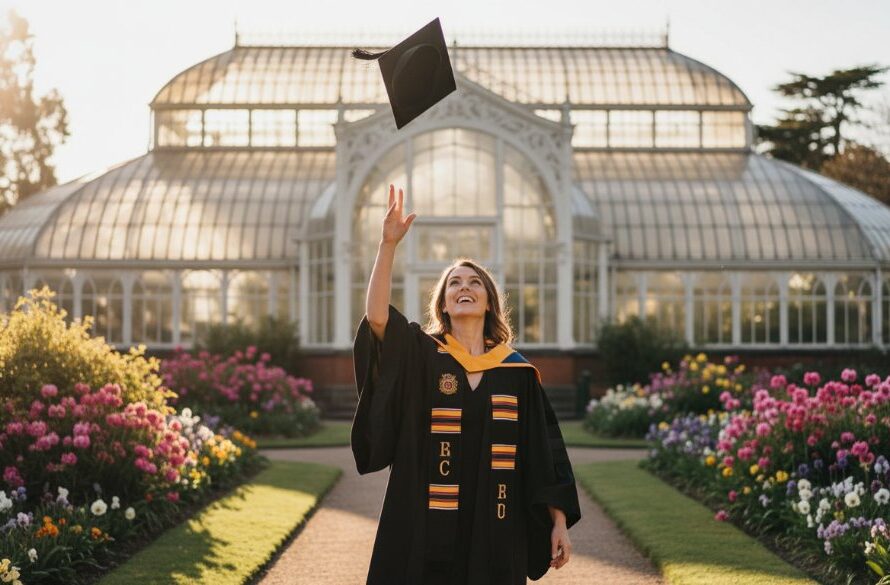 An emotional and celebratory 'epic moment' photograph capturing a graduate in their cap and gown, framed by the iconic East Geelong Botanical Gardens, with golden hour light silhouetting them against a vibrant sky, celebrating their East Geelong graduation photography capturing joyous moments.