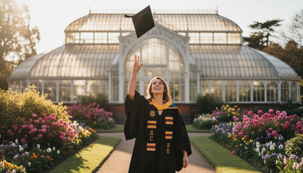 An emotional and celebratory 'epic moment' photograph capturing a graduate in their cap and gown, framed by the iconic East Geelong Botanical Gardens, with golden hour light silhouetting them against a vibrant sky, celebrating their East Geelong graduation photography capturing joyous moments.