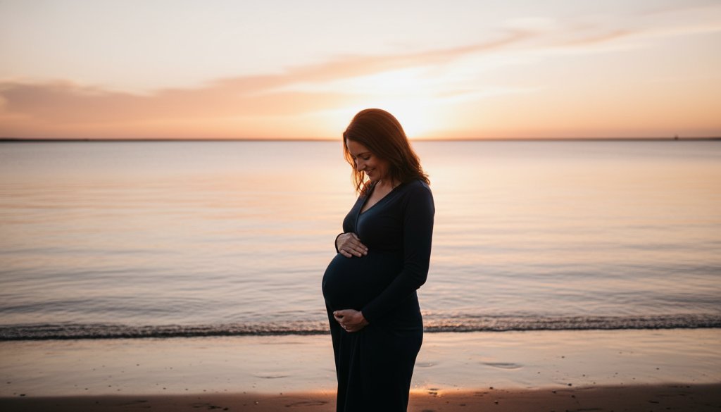 A radiant pregnant woman stands on the sandy shores of Corio Bay in East Geelong at sunset, her silhouette outlined by the golden light, showcasing an East Geelong maternity photoshoot bayside glow, as she gazes softly at her baby bump, with the calm water reflecting the dramatic sky.