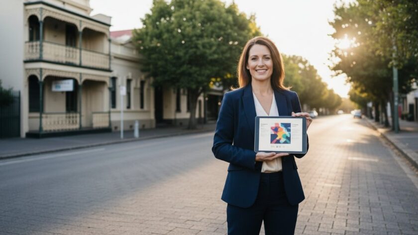 A triumphant female entrepreneur in East Geelong, bathed in golden hour light, celebrating a successful launch, perfectly showcasing East Geelong personal branding photography for local entrepreneurs. She stands proudly outside a heritage building with her laptop, looking confidently at the camera.