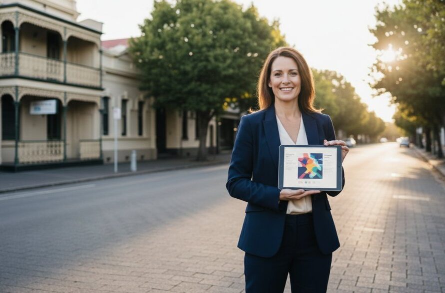 A triumphant female entrepreneur in East Geelong, bathed in golden hour light, celebrating a successful launch, perfectly showcasing East Geelong personal branding photography for local entrepreneurs. She stands proudly outside a heritage building with her laptop, looking confidently at the camera.