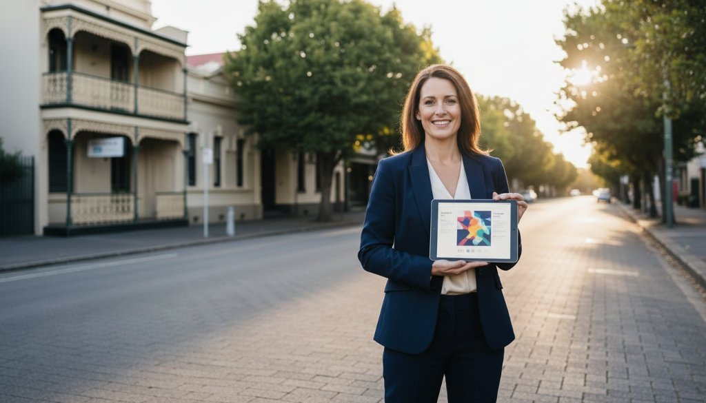 A triumphant female entrepreneur in East Geelong, bathed in golden hour light, celebrating a successful launch, perfectly showcasing East Geelong personal branding photography for local entrepreneurs. She stands proudly outside a heritage building with her laptop, looking confidently at the camera.