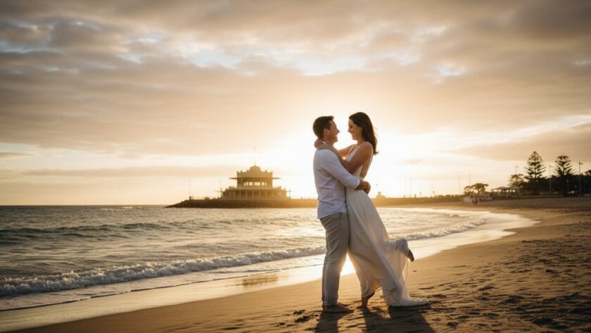 A candid, romantic, and beautifully lit 'epic moment' photograph of a couple embracing at one of the best East Geelong pre-wedding photoshoot locations, with the iconic Eastern Beach promenade and its art deco bathing pavilion visible in the soft golden hour glow, capturing their joyful anticipation.