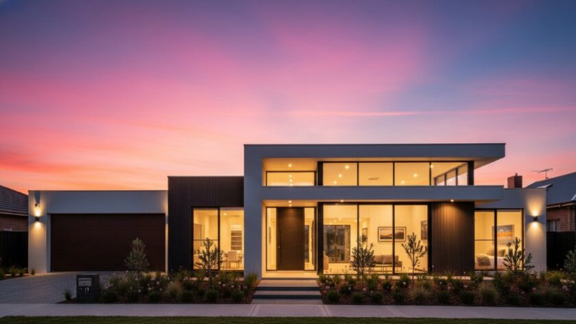 A stunning twilight wide shot showcasing an architecturally designed home in East Geelong, captured with East Geelong premium real estate photography for property listings, featuring dramatic golden hour lighting, a perfectly manicured garden, and warm interior lights invitingly spilling onto the street.
