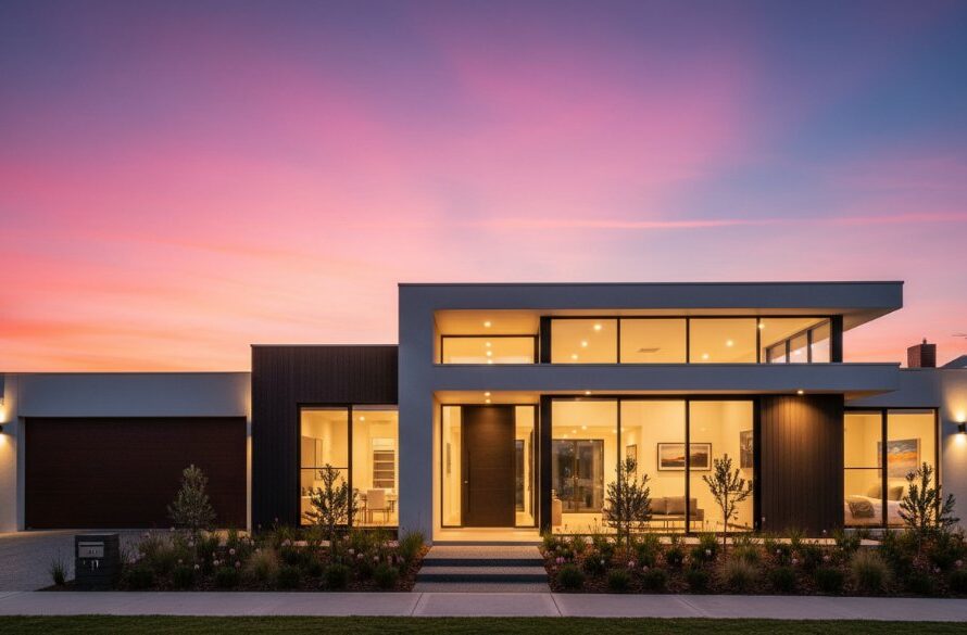 A stunning twilight wide shot showcasing an architecturally designed home in East Geelong, captured with East Geelong premium real estate photography for property listings, featuring dramatic golden hour lighting, a perfectly manicured garden, and warm interior lights invitingly spilling onto the street.