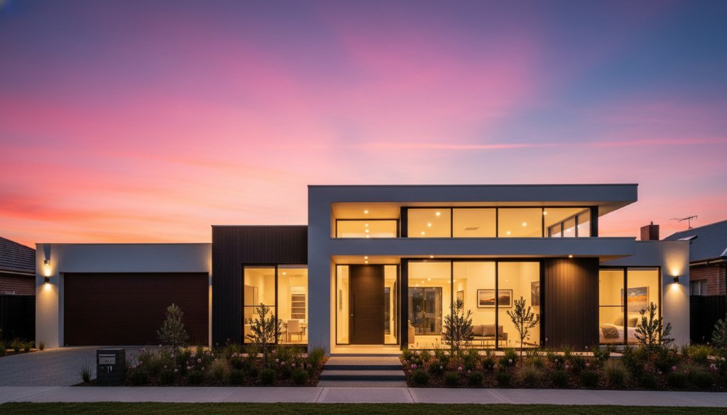 A stunning twilight wide shot showcasing an architecturally designed home in East Geelong, captured with East Geelong premium real estate photography for property listings, featuring dramatic golden hour lighting, a perfectly manicured garden, and warm interior lights invitingly spilling onto the street.