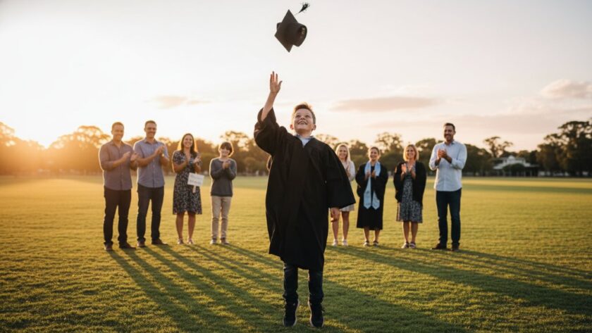 An inspiring 'epic moment' photograph during East Geelong primary school graduation photography, depicting a child in a cap and gown joyfully tossing their cap into the air against a backdrop of the East Geelong oval, with golden hour sunlight, parents cheering, and professional colour grading.