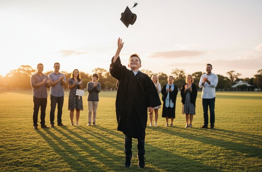 An inspiring 'epic moment' photograph during East Geelong primary school graduation photography, depicting a child in a cap and gown joyfully tossing their cap into the air against a backdrop of the East Geelong oval, with golden hour sunlight, parents cheering, and professional colour grading.