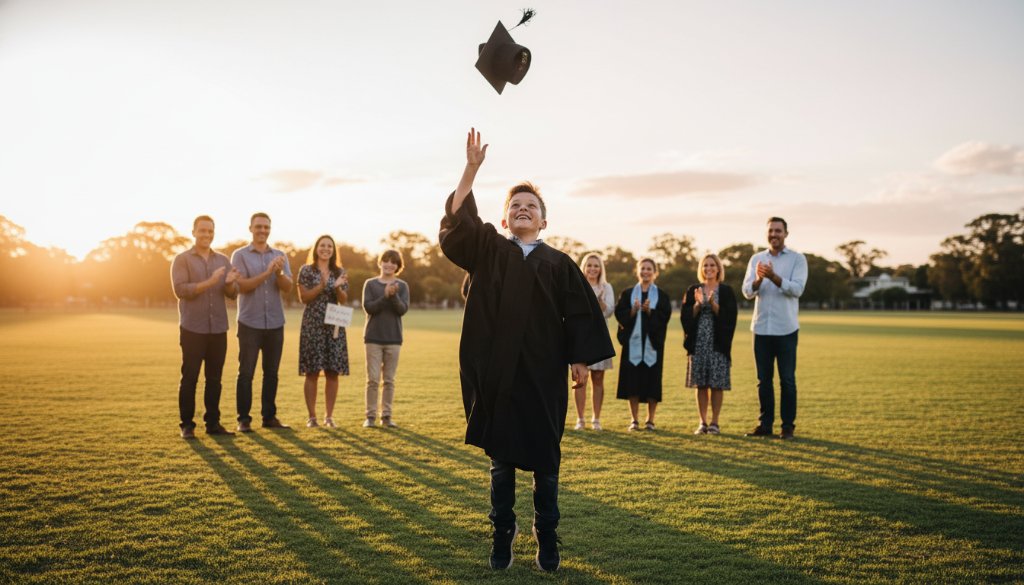 An inspiring 'epic moment' photograph during East Geelong primary school graduation photography, depicting a child in a cap and gown joyfully tossing their cap into the air against a backdrop of the East Geelong oval, with golden hour sunlight, parents cheering, and professional colour grading.