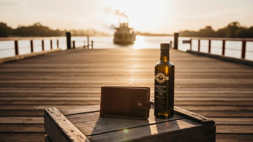 Dramatic wide-angle shot of a vibrant local Echuca cafe scene at golden hour, featuring a perfectly styled coffee and a local artisan's product on a rustic wooden table, expertly lit to showcase their brand. This image exemplifies Echuca advertising photography capturing local essence, highlighting quality and community connection.