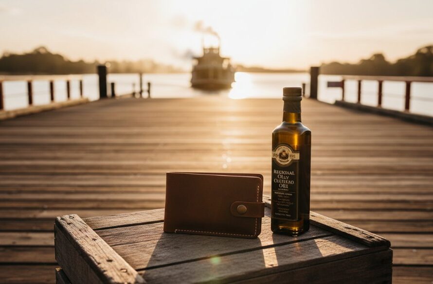 Dramatic wide-angle shot of a vibrant local Echuca cafe scene at golden hour, featuring a perfectly styled coffee and a local artisan's product on a rustic wooden table, expertly lit to showcase their brand. This image exemplifies Echuca advertising photography capturing local essence, highlighting quality and community connection.