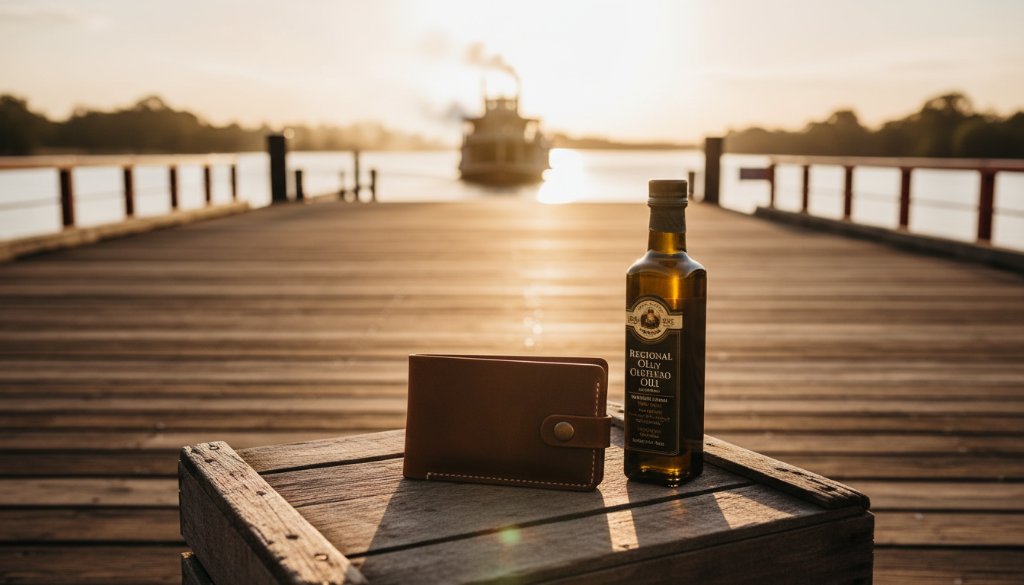 Dramatic wide-angle shot of a vibrant local Echuca cafe scene at golden hour, featuring a perfectly styled coffee and a local artisan's product on a rustic wooden table, expertly lit to showcase their brand. This image exemplifies Echuca advertising photography capturing local essence, highlighting quality and community connection.