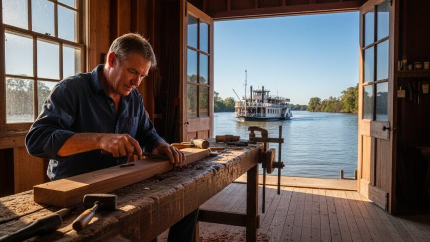 An inspiring wide-angle shot showcasing Echuca commercial photography for local businesses, featuring a local artisan passionately crafting timber goods in a sunlit workshop, with the Paddle Steamer Murray Princess subtly visible on the Murray River in the background, creating a powerful sense of local industry and heritage.