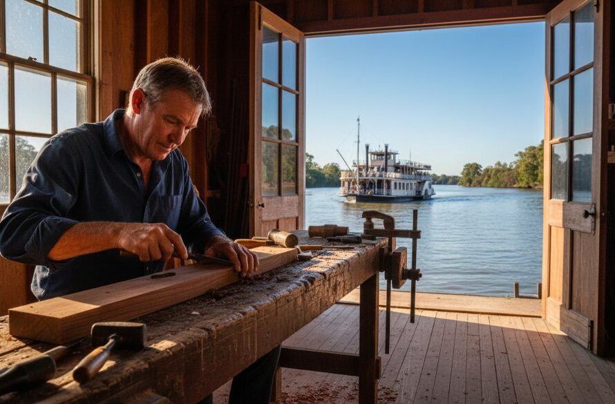 An inspiring wide-angle shot showcasing Echuca commercial photography for local businesses, featuring a local artisan passionately crafting timber goods in a sunlit workshop, with the Paddle Steamer Murray Princess subtly visible on the Murray River in the background, creating a powerful sense of local industry and heritage.