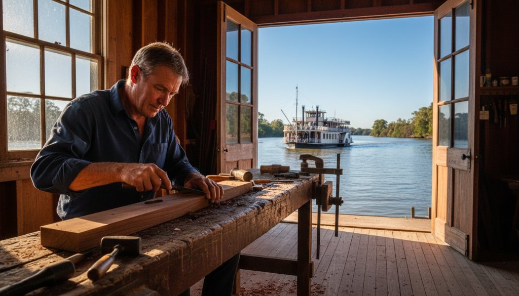 An inspiring wide-angle shot showcasing Echuca commercial photography for local businesses, featuring a local artisan passionately crafting timber goods in a sunlit workshop, with the Paddle Steamer Murray Princess subtly visible on the Murray River in the background, creating a powerful sense of local industry and heritage.