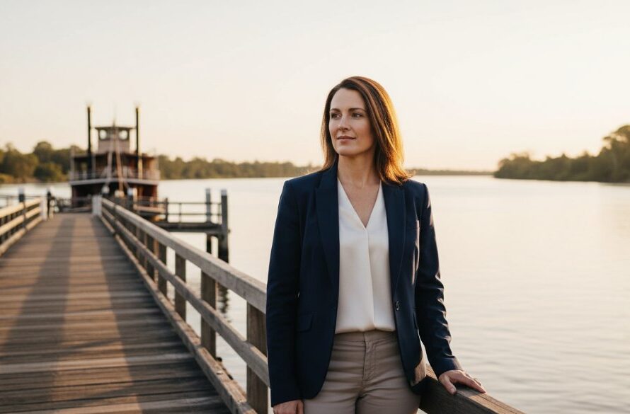 An epic, cinematic photograph showcasing Echuca corporate photography capturing professional brand essence, featuring a confident business leader silhouetted against a golden Echuca wharf sunset, exuding strength and vision.