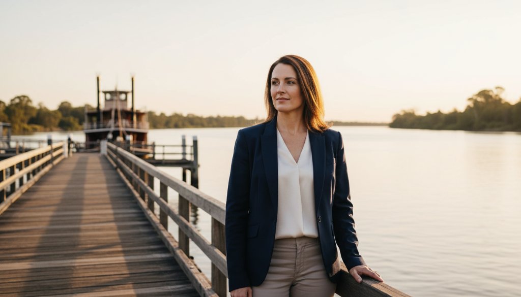 An epic, cinematic photograph showcasing Echuca corporate photography capturing professional brand essence, featuring a confident business leader silhouetted against a golden Echuca wharf sunset, exuding strength and vision.