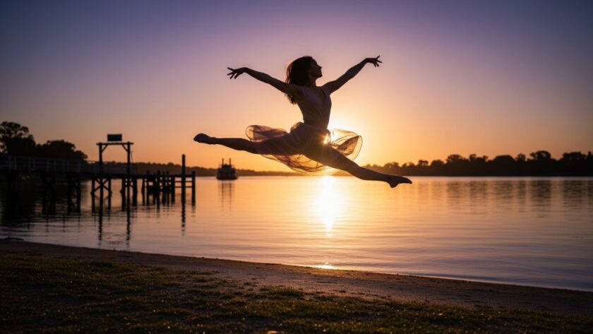 Dynamic ballet dancer in mid-leap, silhouetted against a golden Echuca river sunset, showcasing Echuca dance photography capturing river energy with dramatic lighting and a powerful pose.