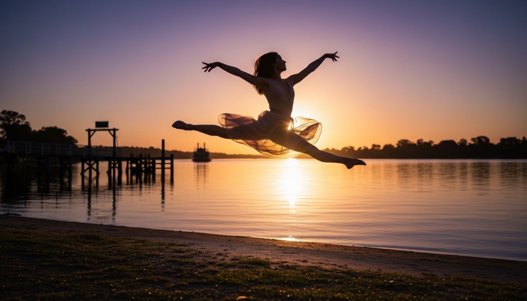 Dynamic ballet dancer in mid-leap, silhouetted against a golden Echuca river sunset, showcasing Echuca dance photography capturing river energy with dramatic lighting and a powerful pose.