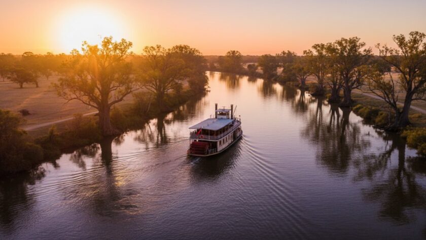 An epic aerial sunset shot showcasing an iconic Murray River paddle steamer navigating the golden waters near Echuca, Victoria, expertly captured with Echuca drone photography, highlighting its historical grandeur and the surrounding red gum landscape.