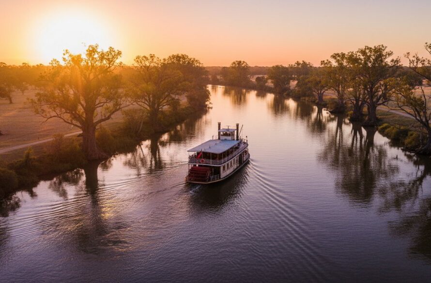 An epic aerial sunset shot showcasing an iconic Murray River paddle steamer navigating the golden waters near Echuca, Victoria, expertly captured with Echuca drone photography, highlighting its historical grandeur and the surrounding red gum landscape.