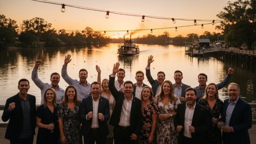 A candid, emotionally charged photograph of guests laughing during an outdoor event in Echuca, with the historic Murray River and a paddlesteamer in the background, captured by expert Echuca event photography capturing Murray River moments, dramatic golden hour lighting, professional colour grading.