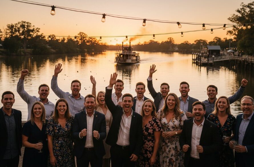 A candid, emotionally charged photograph of guests laughing during an outdoor event in Echuca, with the historic Murray River and a paddlesteamer in the background, captured by expert Echuca event photography capturing Murray River moments, dramatic golden hour lighting, professional colour grading.