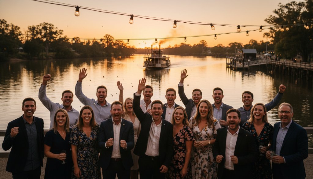 A candid, emotionally charged photograph of guests laughing during an outdoor event in Echuca, with the historic Murray River and a paddlesteamer in the background, captured by expert Echuca event photography capturing Murray River moments, dramatic golden hour lighting, professional colour grading.