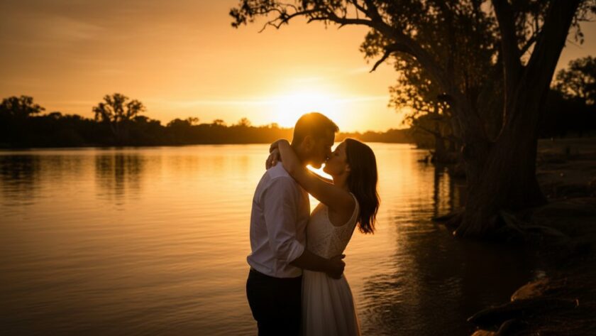 An emotional and dramatic Echuca fine art photography portrait of a couple embracing on the banks of the Murray River at sunset, capturing an epic moment with golden hour light.