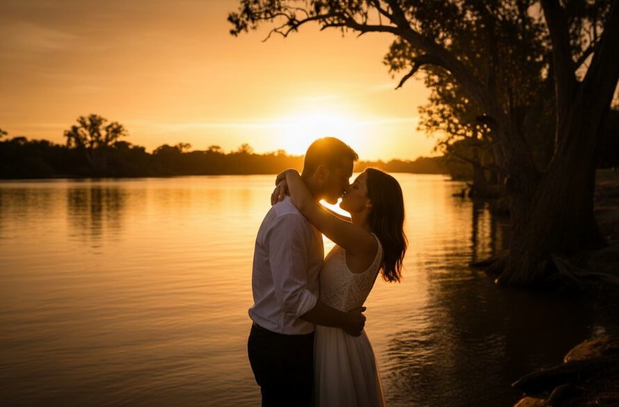 An emotional and dramatic Echuca fine art photography portrait of a couple embracing on the banks of the Murray River at sunset, capturing an epic moment with golden hour light.