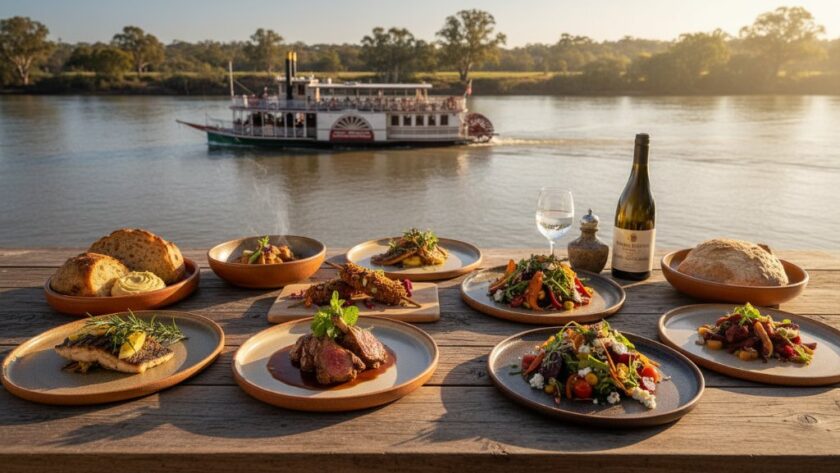 Dramatic overhead shot capturing the vibrant colours of a perfectly plated gourmet meal on a rustic wooden table, with the setting sun illuminating the Echuca riverfront dining scene and a paddle steamer gently passing by in the blurred background, highlighting expert Echuca food photography vibrant riverfront dining.