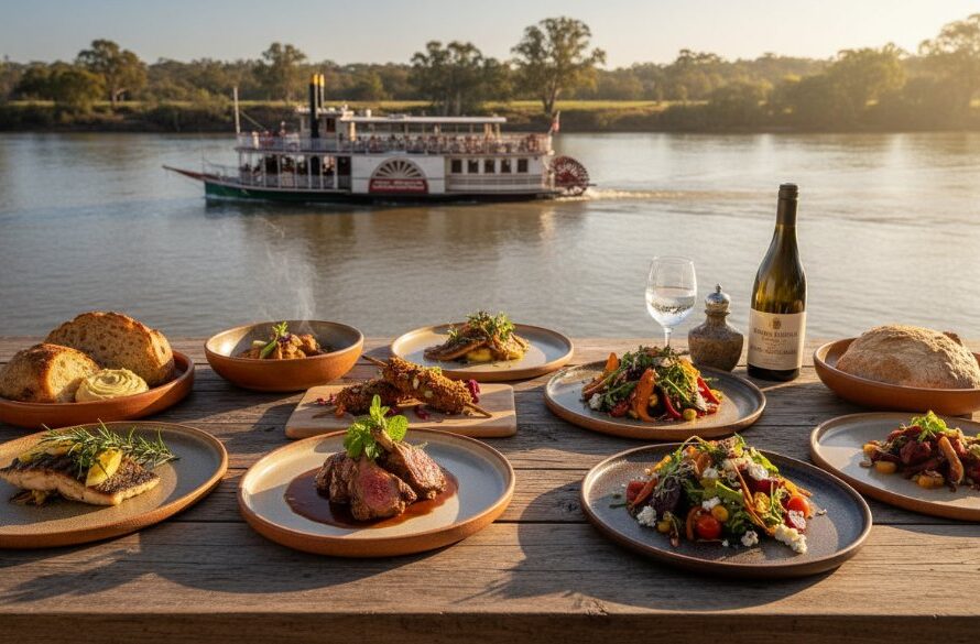 Dramatic overhead shot capturing the vibrant colours of a perfectly plated gourmet meal on a rustic wooden table, with the setting sun illuminating the Echuca riverfront dining scene and a paddle steamer gently passing by in the blurred background, highlighting expert Echuca food photography vibrant riverfront dining.