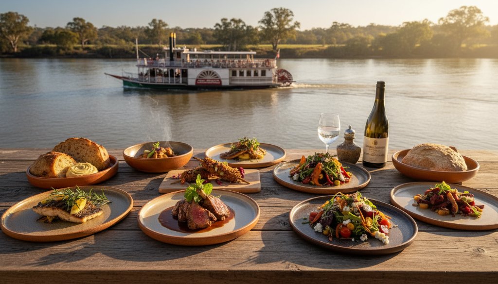 Dramatic overhead shot capturing the vibrant colours of a perfectly plated gourmet meal on a rustic wooden table, with the setting sun illuminating the Echuca riverfront dining scene and a paddle steamer gently passing by in the blurred background, highlighting expert Echuca food photography vibrant riverfront dining.