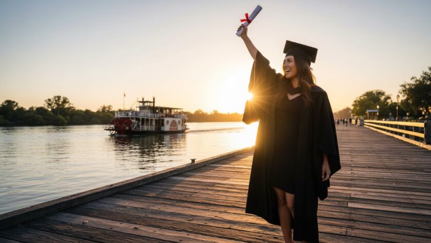 An epic moment of an overjoyed graduate in their cap and gown, framed against the iconic Murray River paddle steamers at sunset in Echuca, expertly captured for Echuca Graduation Photography capturing milestone achievements.