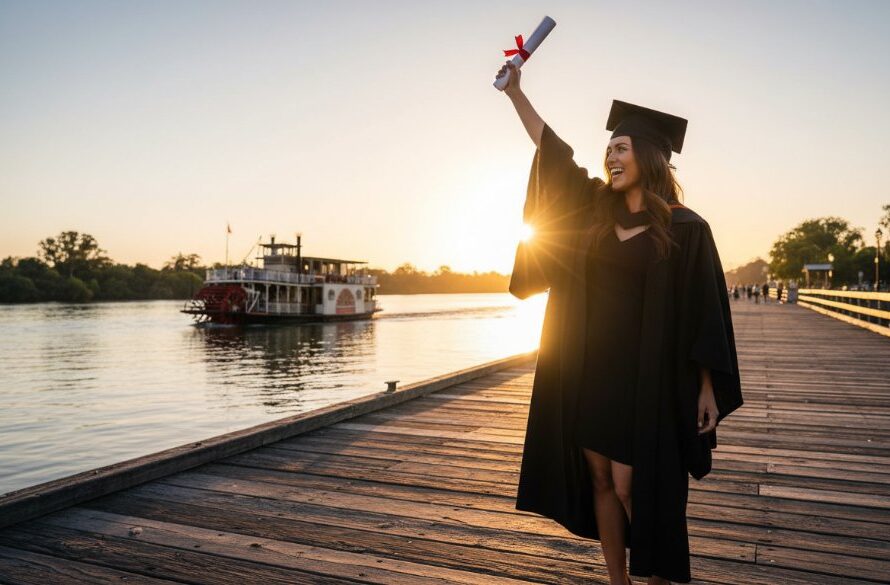 An epic moment of an overjoyed graduate in their cap and gown, framed against the iconic Murray River paddle steamers at sunset in Echuca, expertly captured for Echuca Graduation Photography capturing milestone achievements.