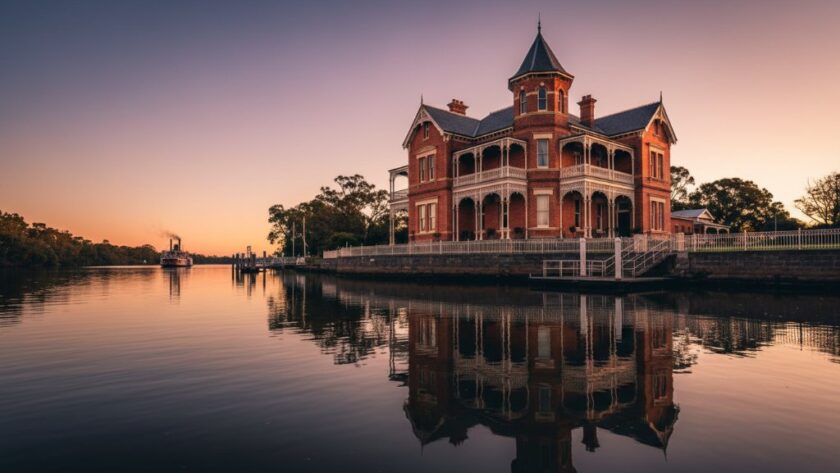 An epic, high-angle panoramic shot showcasing a beautifully restored Echuca heritage riverside real estate property at sunset, with the golden light reflecting off the Murray River and highlighting the intricate Victorian architectural details, conveying a sense of timeless elegance and prime riverfront living.