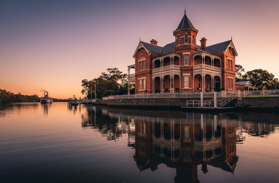 An epic, high-angle panoramic shot showcasing a beautifully restored Echuca heritage riverside real estate property at sunset, with the golden light reflecting off the Murray River and highlighting the intricate Victorian architectural details, conveying a sense of timeless elegance and prime riverfront living.