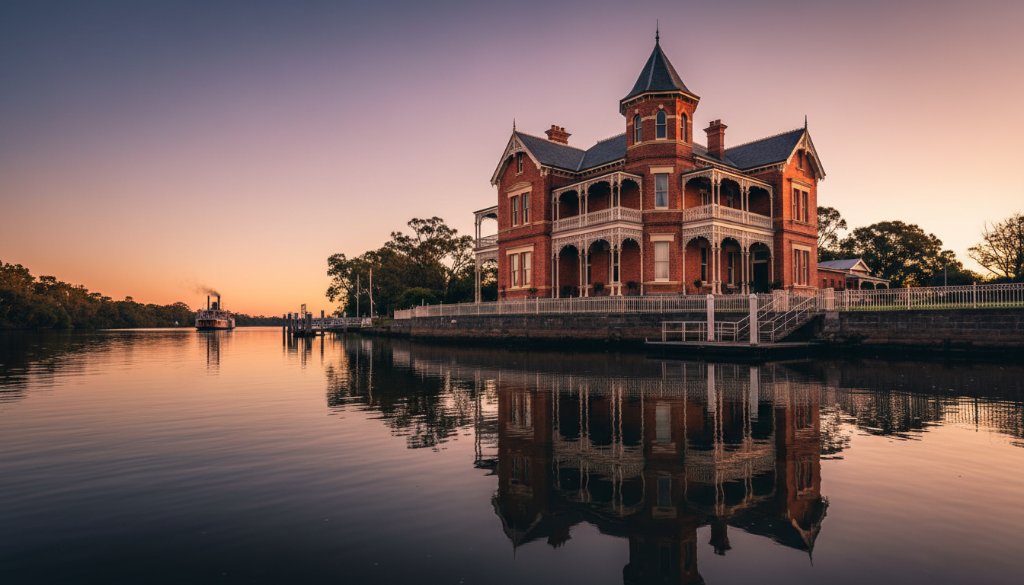 An epic, high-angle panoramic shot showcasing a beautifully restored Echuca heritage riverside real estate property at sunset, with the golden light reflecting off the Murray River and highlighting the intricate Victorian architectural details, conveying a sense of timeless elegance and prime riverfront living.
