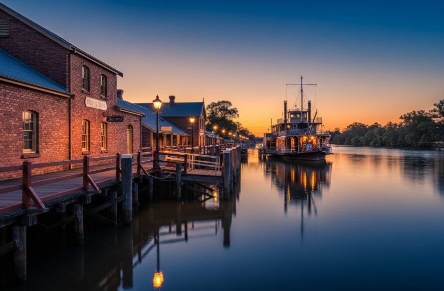 Dramatic evening shot by an Echuca Historic Architecture Photographer, capturing the iconic red brick wharf buildings of the Port of Echuca under a vibrant sunset, with warm lights illuminating the heritage structures.