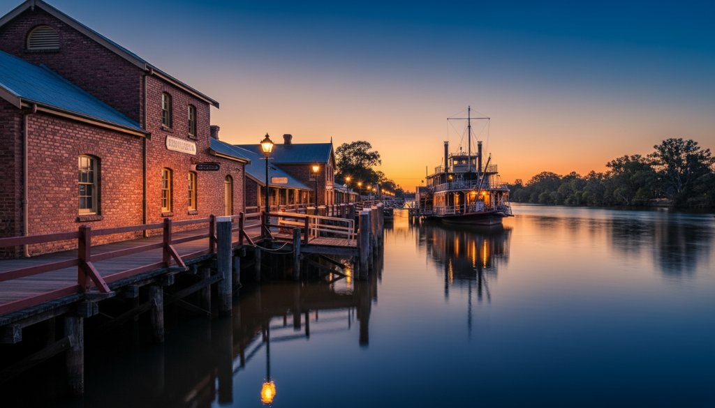 Dramatic evening shot by an Echuca Historic Architecture Photographer, capturing the iconic red brick wharf buildings of the Port of Echuca under a vibrant sunset, with warm lights illuminating the heritage structures.