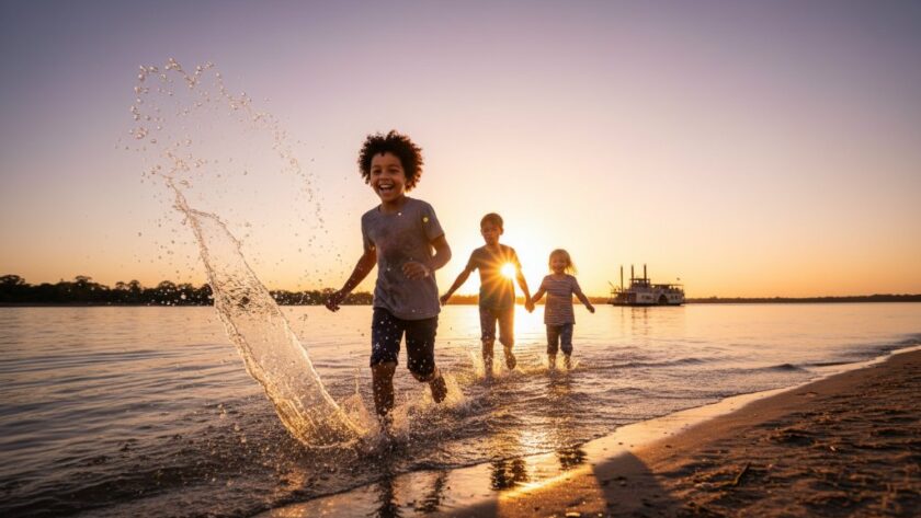 An epic moment of a child laughing joyfully by the Murray River, epitomising Echuca kids photography capturing natural childhood joy, with golden hour light and a paddle steamer in the distance.