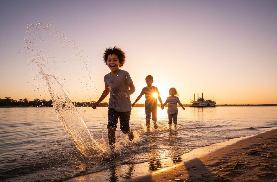 An epic moment of a child laughing joyfully by the Murray River, epitomising Echuca kids photography capturing natural childhood joy, with golden hour light and a paddle steamer in the distance.