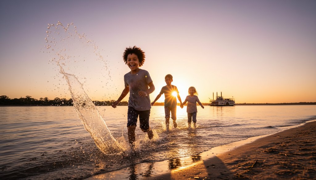 An epic moment of a child laughing joyfully by the Murray River, epitomising Echuca kids photography capturing natural childhood joy, with golden hour light and a paddle steamer in the distance.