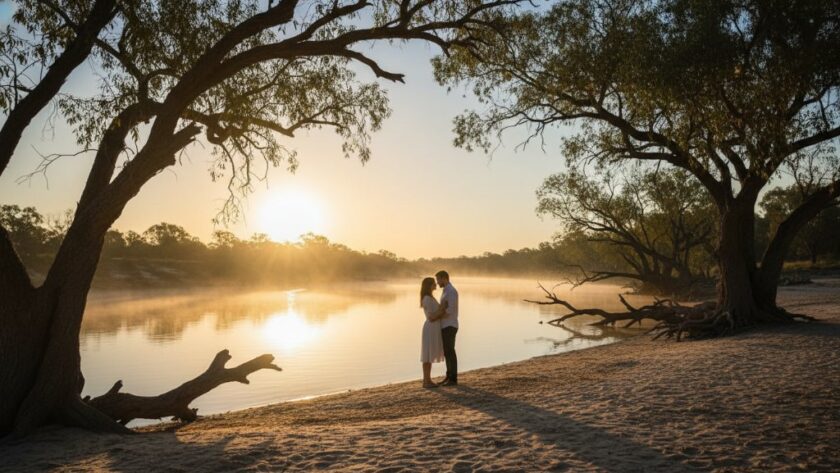 A breathtaking, professionally color-graded wide shot of a couple embracing by the Murray River at sunset, showcasing Echuca Moama fine art photography capturing regional beauty, with dramatic golden light filtering through ancient river red gums.