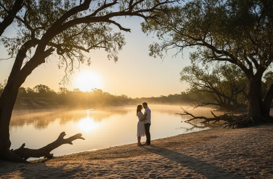 A breathtaking, professionally color-graded wide shot of a couple embracing by the Murray River at sunset, showcasing Echuca Moama fine art photography capturing regional beauty, with dramatic golden light filtering through ancient river red gums.