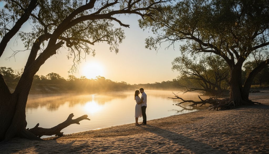 A breathtaking, professionally color-graded wide shot of a couple embracing by the Murray River at sunset, showcasing Echuca Moama fine art photography capturing regional beauty, with dramatic golden light filtering through ancient river red gums.