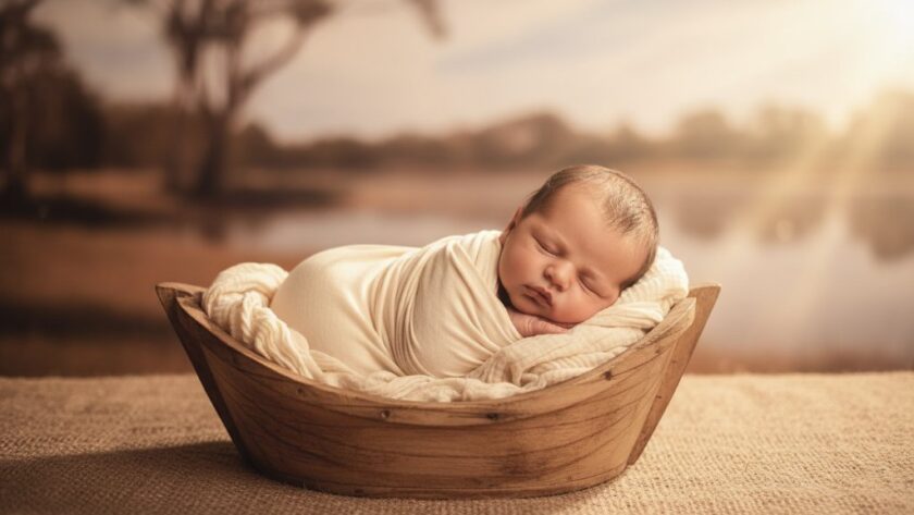 A breathtaking and serene "Echuca newborn photography timeless heirlooms" portrait featuring a sleeping baby swaddled in soft fabrics, bathed in warm, ethereal light from a large window, with the gentle blur of the Murray River landscape in the background, creating an epic moment of peace and new life.